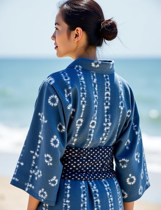藍染めの幾何学模様の浴衣